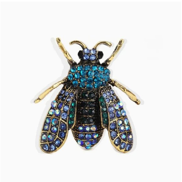 Blue Iridescent Crystal Fly Brooch Gold Tone - Picture 1 of 2